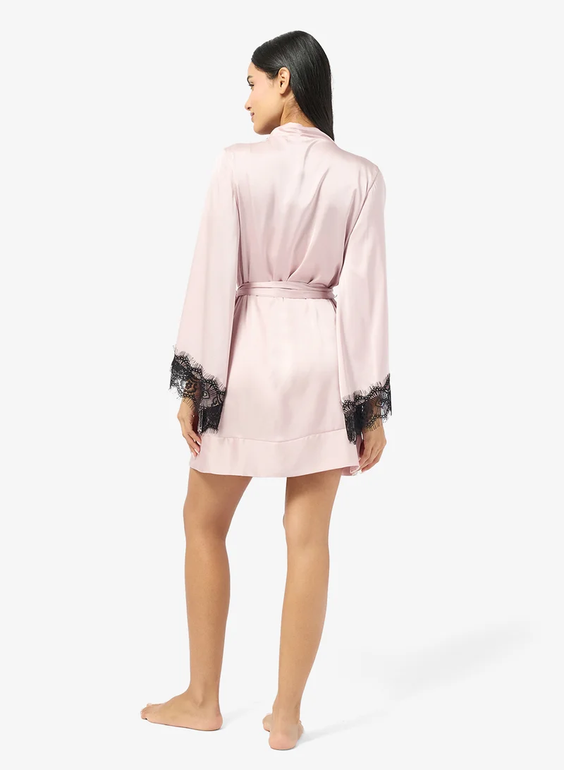 جينجر Satin Robe with Contrast Lace Trim